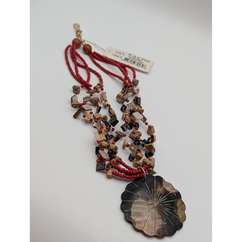 Sonoma Red Beaded Multi Strand Necklace Mother of Pearl Shell Pendant Boho - Picture 5 of 12